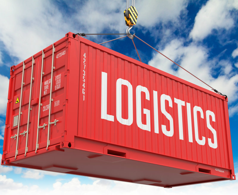 Logistics – Red Hanging Cargo Container on Sky Background.